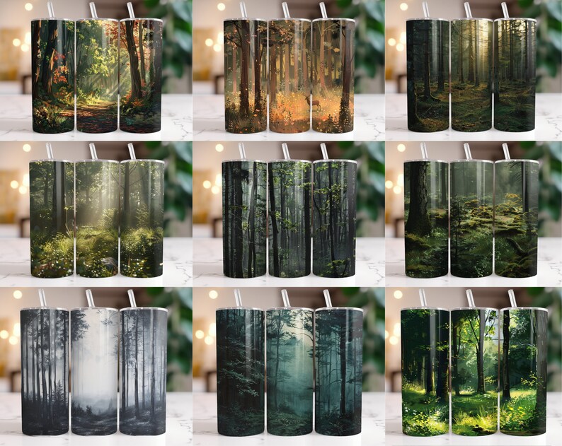 May include: Set of nine 20 oz stainless steel tumblers with different forest scenes. The tumblers feature various shades of green, brown, and gray, depicting a variety of forest landscapes.