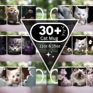 Pode incluir: Conjunto de mais de 30 canecas de gato com diferentes designs de gatos. As canecas s&atilde;o brancas com uma variedade de imagens de gatos, incluindo um gato branco com olhos azuis, um gato cinza com olhos verdes e um gato marrom e branco com olhos verdes. As canecas est&atilde;o dispon&iacute;veis nos tamanhos 11oz e 15oz.
