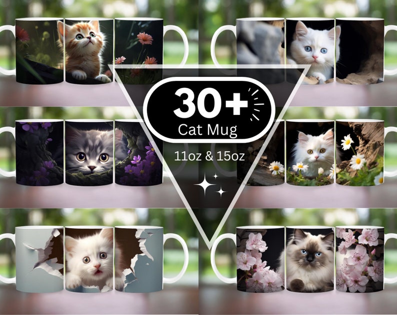 Pode incluir: Conjunto de mais de 30 canecas de gato com diferentes designs de gatos. As canecas s&atilde;o brancas com uma variedade de imagens de gatos, incluindo um gato branco com olhos azuis, um gato cinza com olhos verdes e um gato marrom e branco com olhos verdes. As canecas est&atilde;o dispon&iacute;veis nos tamanhos 11oz e 15oz.