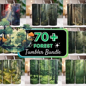May include: A set of 70+ forest-themed tumbler designs. The tumblers feature various shades of green, brown, and blue, with images of trees, leaves, and sunlight filtering through the forest canopy.