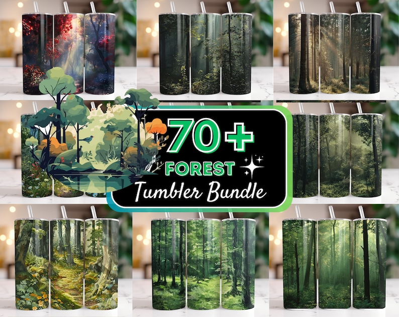 May include: A set of 70+ forest-themed tumbler designs. The tumblers feature various shades of green, brown, and blue, with images of trees, leaves, and sunlight filtering through the forest canopy.