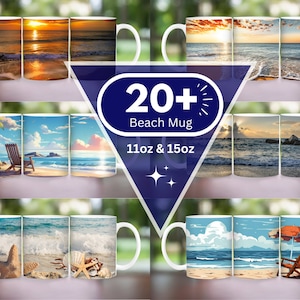 Pode incluir: Uma cole&ccedil;&atilde;o de mais de 20 canecas de cer&acirc;mica branca com designs de tema praia. As canecas est&atilde;o dispon&iacute;veis nos tamanhos 11oz e 15oz. Os designs apresentam v&aacute;rias cenas de praia, incluindo palmeiras, ondas do oceano, pores do sol e cadeiras de praia.
