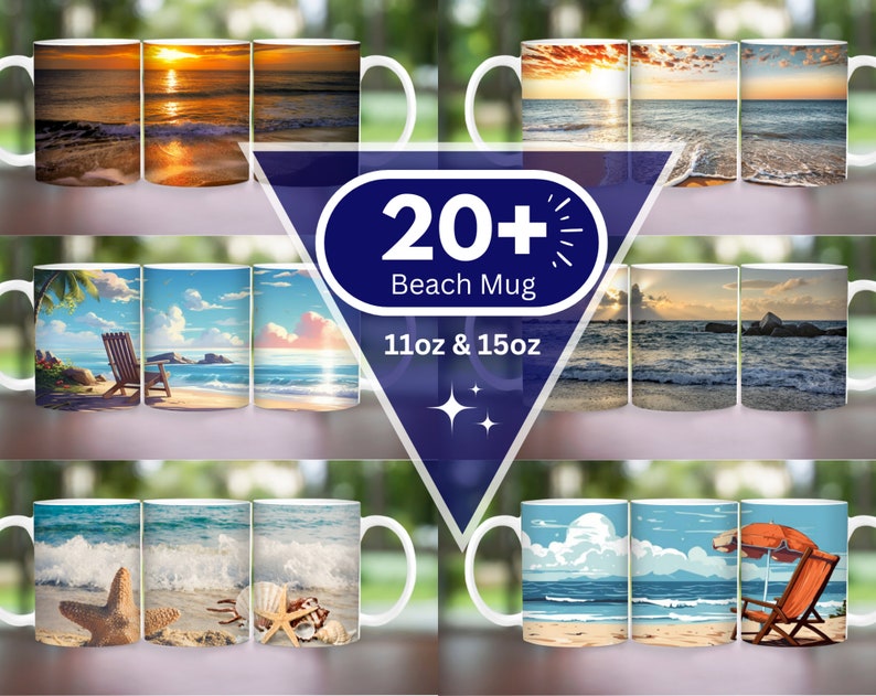 Pode incluir: Uma cole&ccedil;&atilde;o de mais de 20 canecas de cer&acirc;mica branca com designs de tema praia. As canecas est&atilde;o dispon&iacute;veis nos tamanhos 11oz e 15oz. Os designs apresentam v&aacute;rias cenas de praia, incluindo palmeiras, ondas do oceano, pores do sol e cadeiras de praia.