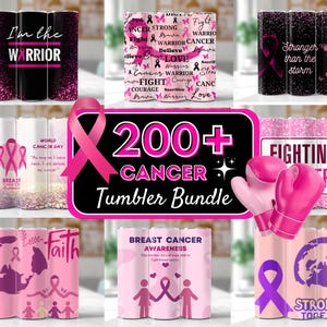 May include: A collage of 200+ pink and purple cancer awareness tumbler designs. The tumblers feature various designs including pink ribbons, inspirational quotes, and images of boxing gloves. The text "200+ CANCER Tumbler Bundle" is displayed in a pink and black banner.
