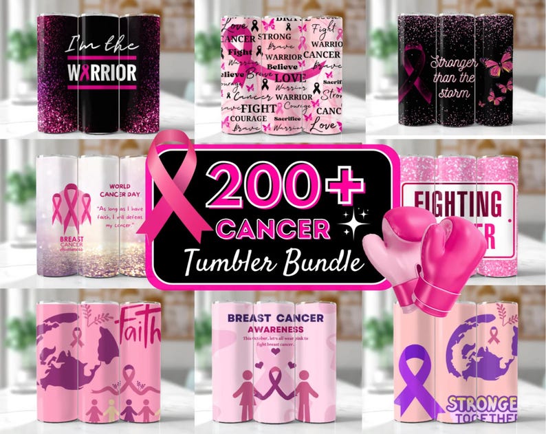 May include: A collage of 200+ pink and purple cancer awareness tumbler designs. The tumblers feature various designs including pink ribbons, inspirational quotes, and images of boxing gloves. The text "200+ CANCER Tumbler Bundle" is displayed in a pink and black banner.