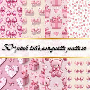 Pink Bow Digital Paper, 50+ Pink Toile Digital Paper, Coquette Digital Paper, Ribbon Bow Pattern, Wedding Background, Baby Bow Pattern