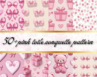 Pink Bow Digital Paper, 50+ Pink Toile Digital Paper, Coquette Digital Paper, Ribbon Bow Pattern, Wedding Background, Baby Bow Pattern