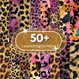 Puede incluir: Una colección de más de 50 papeles digitales con estampado de leopardo en varios colores y patrones. Los diseños incluyen manchas de leopardo doradas, rosas, negras y marrones con acentos de purpurina. El texto de la imagen dice "50+ Leopard Digital Paper."