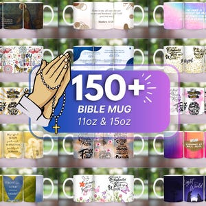 May include: A collage of 150+ different designs of white ceramic mugs with bible verses and religious quotes. The mugs are 11 ounces and 15 ounces.