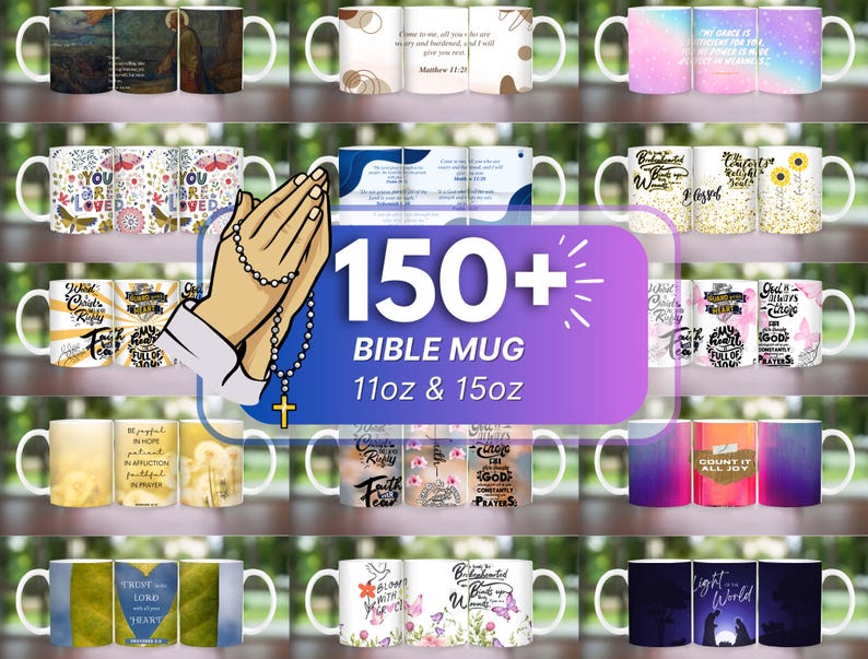 May include: A collage of 150+ different designs of white ceramic mugs with bible verses and religious quotes. The mugs are 11 ounces and 15 ounces.