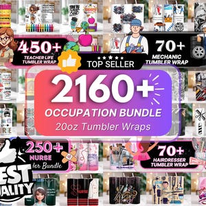 Könnte beinhalten: Eine Collage aus bunten 20 oz Tumbler-Wraps mit verschiedenen Berufen, darunter Lehrer, Mechaniker, Krankenschwester und Friseur. Das Bild enthält den Text "2160+ Occupation Bundle 20oz Tumbler Wraps".