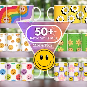 May include: Set of 50+ retro smiley face mugs in various colors and designs. The mugs are 11 oz and 15 oz.