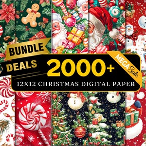 May include: A collection of Christmas-themed digital papers. The image features various festive patterns, including Santa Claus, snowmen, gingerbread men, candy canes, and poinsettias. Text on the image reads "BUNDLE DEALS 2000+ 12x12 CHRISTMAS DIGITAL PAPER".