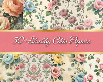 Papel digital shabby chic, más de 50 estampados florales rosas sin costuras, flores vintage, paquete de papel digital Coquette, fondos de rosas rosa pastel