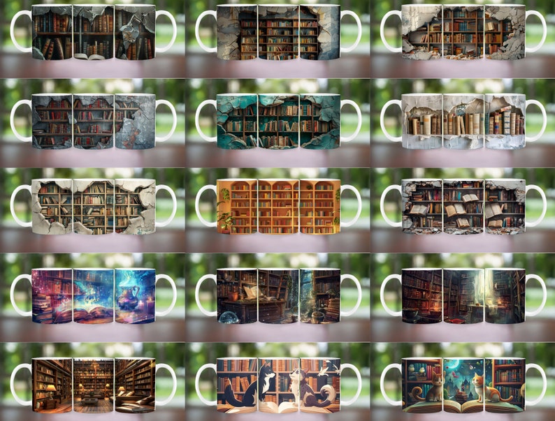 3D Book Mug Wrap, 11 oz & 15 oz Mug Design, 3D Bookshelf Mug Sublimation, 3D Books Mug Wrap, PNG Book Lover Mug Book Coffee Mug, Books Png image 2