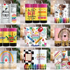May include: Set of nine sublimation tumblers featuring various teacher-themed designs. The designs include rainbows, pencils, books, and inspirational quotes. The tumblers are all white with a black lid and a clear straw.