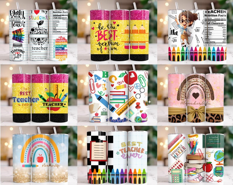 May include: Set of nine sublimation tumblers featuring various teacher-themed designs. The designs include rainbows, pencils, books, and inspirational quotes. The tumblers are all white with a black lid and a clear straw.