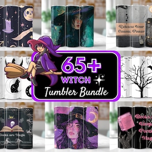 May include: A set of 65+ witch-themed tumbler designs. The designs feature various images, including a witch flying on a broomstick, a witch with a book, a witch with a cat, and a witch with a cauldron. The designs are in a variety of colors, including black, white, purple, and green.