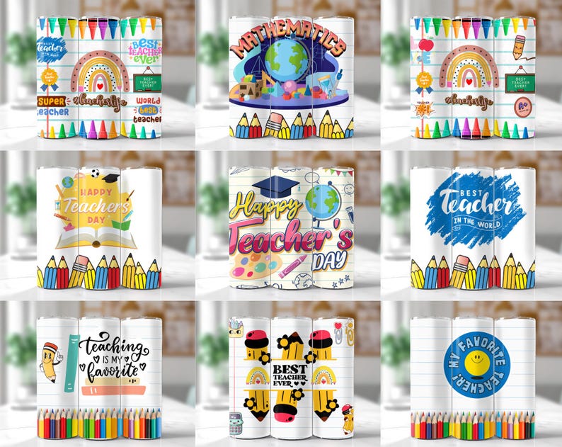 May include: Set of nine colorful teacher-themed tumblers with various designs, including rainbows, pencils, and the words "Best Teacher Ever", "Happy Teacher's Day", and "Mathematics".