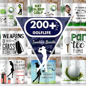 Op de afbeelding: Een set van 200+ golf-thema tumblers met verschillende ontwerpen. De tumblers bevatten golfballen, golfclubs, golfkarren en tekst zoals "Eat Sleep Golf Repeat", "Weapons of Grass Destruction" en "Par Tee Time".
