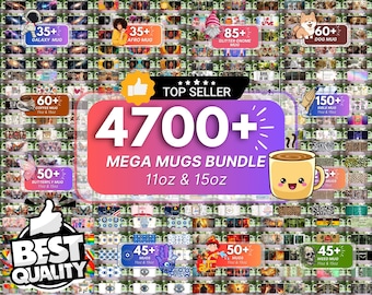 May include: A large collection of mugs with various designs, including galaxy, afro, gnome, dog, coffee, butterfly, bible, and weed themes. The image features a "Top Seller" badge and text that reads "4700+ MEGA MUGS BUNDLE 11oz & 15oz" with a "Best Quality" badge.