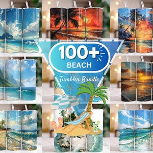 May include: A set of 100+ beach-themed tumbler designs. The tumblers feature various beach scenes, including sunsets, palm trees, and ocean waves. The text "100+ BEACH Tumbler Bundle" is displayed in the center of the image.
