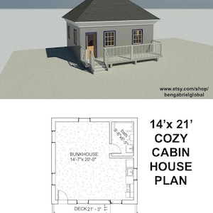 Cozy Cabin small Plans - 14' x 21' Tiny House wood Truss Blueprint PDF
