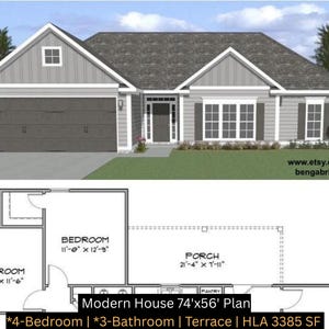 Progetto di bungalow spazioso, bungalow con 4 camere da letto, layout semplice, case adatte alle famiglie, modello PDF