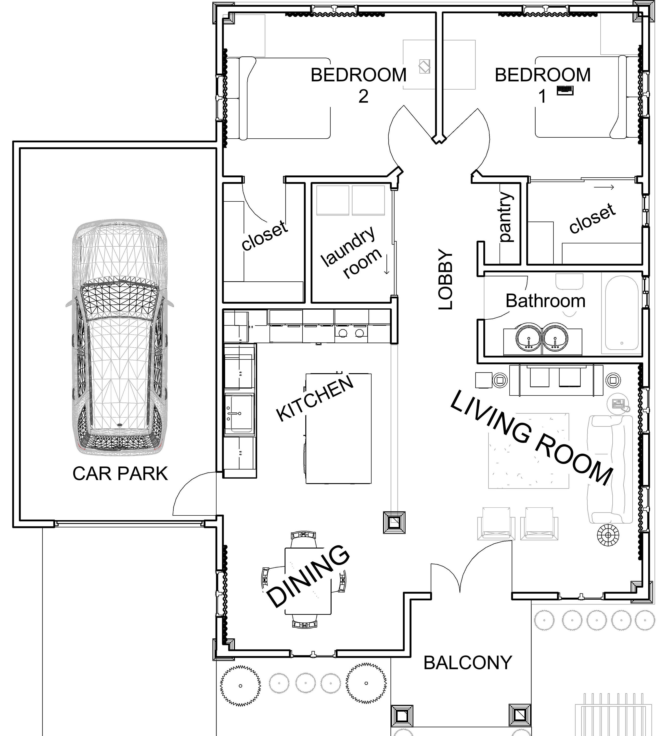 Modern 2 Bedroom House Plans With Garage: 1144 SQFT (PDF) - Etsy