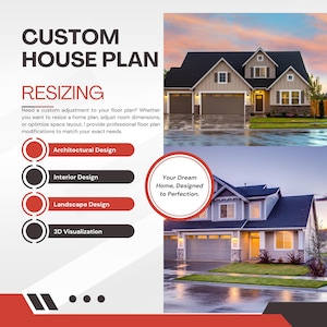 May include: A white and red graphic with the text "Custom House Plan Resizing" and a list of services: Architectural Design, Interior Design, Landscape Design, and 3D Visualization. The graphic is next to a photo of a house with a garage and a driveway.