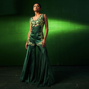 Forest Green Indian Jumpsuit Design, Indo Western Dresses for Wedding, Bollywood Indowestern Fusion Wear