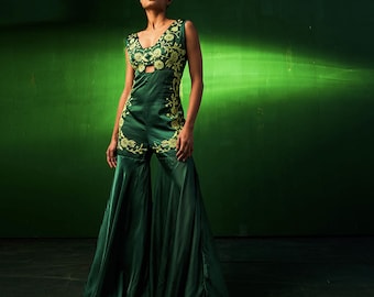 Deep Green Indo Western Plazzo With Crop Top Ethnic Wedding Guest Outfit  Party Festival Dress Georgette Cape Dupatta Custom Sizes Available - Etsy