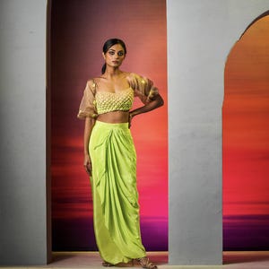 Indo Western Dhoti Style Dress, Indo Western Neon Green Drape Skirt with Blouse featuring Balloon Sleeves, Indian Bridesmaid Dress