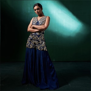 Midnight Blue Indian Jumpsuit Design, Indo Western Dresses for Wedding, Bollywood Indowestern Fusion Wear