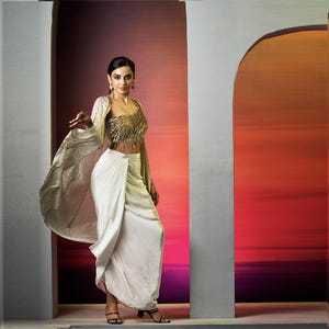 White and Gold Indowestern Dhoti Skirt With Hand Embroidered Crop Top and an Indian Sequin Shrug, Contemporary Indofusion Dress for Women
