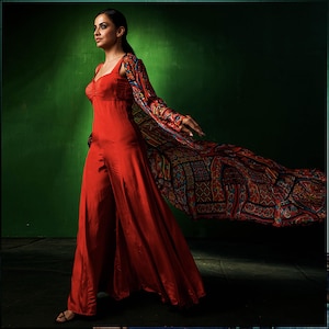 Indofusion Red Jumpsuit Outfit for Women, With Printed Indian Floor Length Jacket, Indo Western Dresses for Wedding