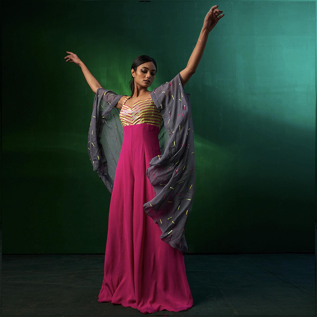 Mauve Pink Indo-Western Embroidered Georgette Jumpsuit