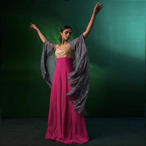 Pink Indo Western Jumpsuit with Shrug for Indian Weddings, Jumpsuit with Cape Indofusion Contemporary Wear