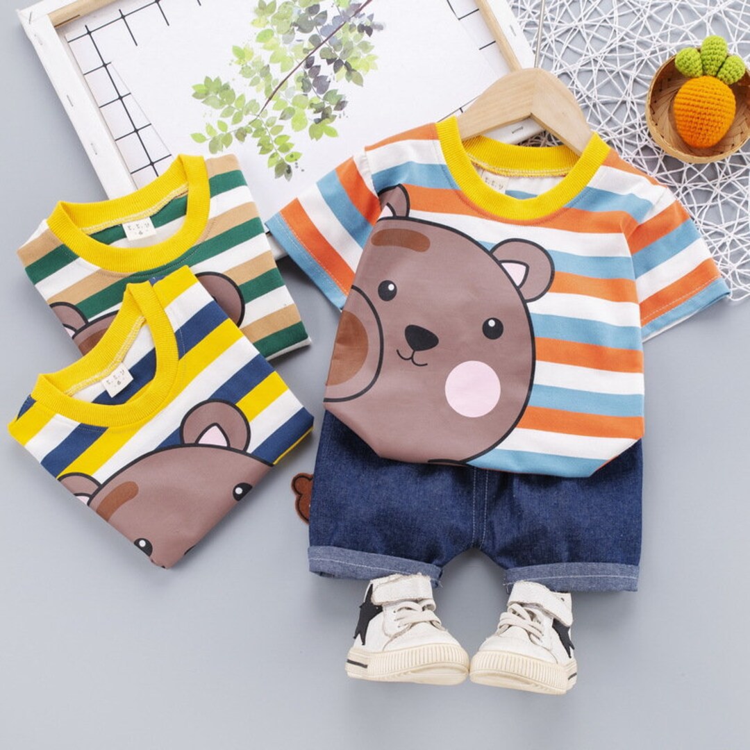 Baby Boys 2-Piece Summer Outfit – “Tufted Titmouse” Bird Printed T-Shirt & Shorts Set (Blue/Beige)