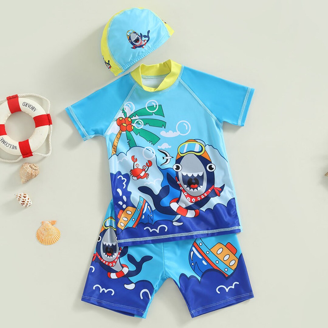Baby Boy Three Piece Baby Shark Swimsuits Toddler Boy Summer Etsy