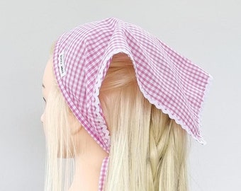 Pink Gingham Hair Bandana: Handmade Ric Rac Head Scarf