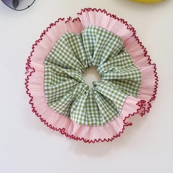 Olive green gingham scrunchie with pink fill ruffle trim - Handmade in UK