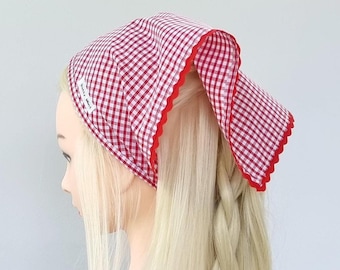 Red gingham hair bandana - head scarf with ric rac trim - Handmade in UK