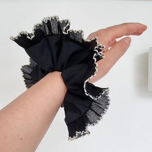 Black frill scrunchie with pleated ruffle trim - Large black hair tie handmade in UK