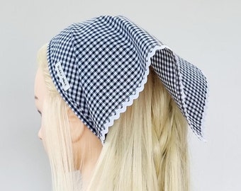 Black gingham hair bandana - head kerchief with ric rac trim - Handmade in UK