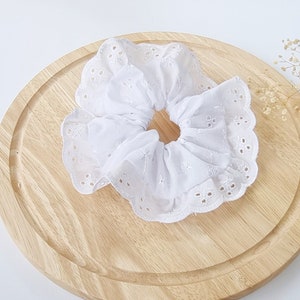 Large white broderie scrunchie with anglaise lace -  Handmade in UK