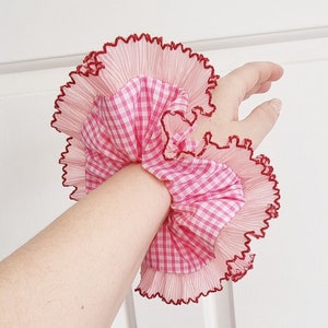 Dark pink gingham scrunchie with pleated ruffle trim - Handmade in UK