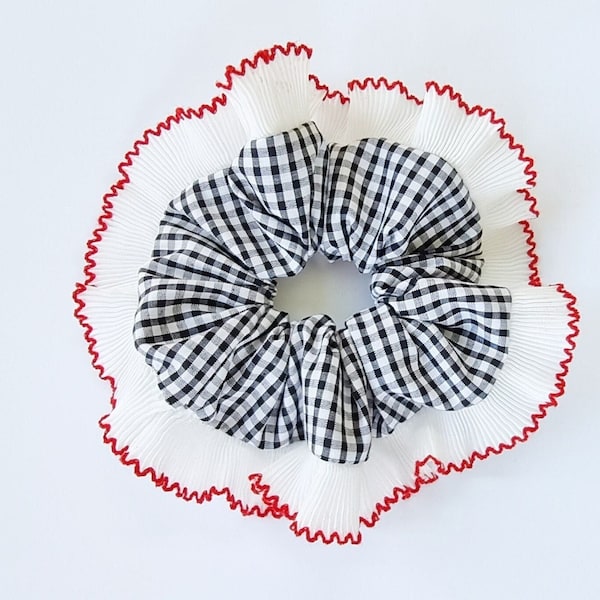 Black gingham scrunchie with ruffle trim - Handmade in UK