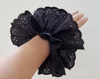 Black broderie aglaise lace scrunchie - XL size black 2 layers Scrunchie - Handmade in UK