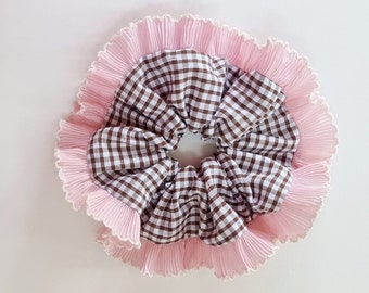 Brown gingham scrunchie with pink pleated ruffle trim - Handmade in UK